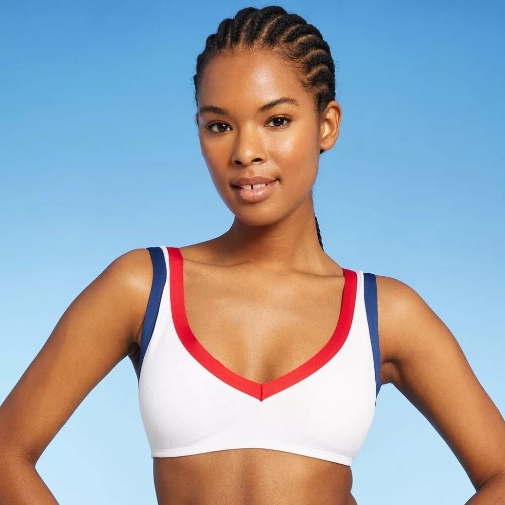 NEW Women's Blocked Trim Ribbed Bikini Top - Sea Angel White Medium